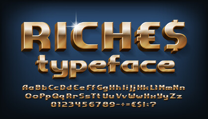 Riches alphabet font. 3D golden letters, numbers and punctuations. Uppercase and lowercase. Stock vector typeface for your typography design.