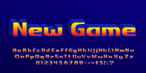 New Game alphabet font. 3D pixel letters, numbers and punctuations. 80s arcade video game typescript.