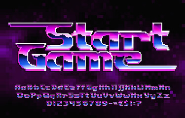 Start Game alphabet font. Pixel letters, numbers and punctuations. Pixel background. 80s arcade video game typescript. - obrazy, fototapety, plakaty