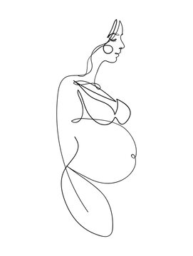 recommend clip art: Continuous line drawing. Side view of a pregnant woman in lingerie. Aesthetic art drawing about motherhood and pregnancy, beautiful young mom. Vector illustration.