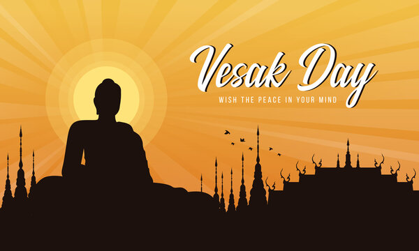 Vesak day with A large meditation statue of the Buddha in the temple and Sunset Evening Sun vector design