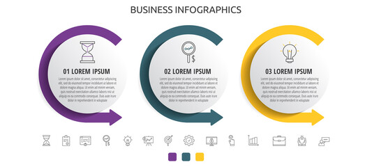 Modern and simple flat vector circles infographic with three steps, arrows. Timeline for diagram, business, web, banner, workflow layout, presentations, flowchart, info graph, content, levels, chart