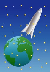 Cohete espacial sobrevolando el planeta Tierra rodeado de estrellas en el espacio © Gabrieuskal