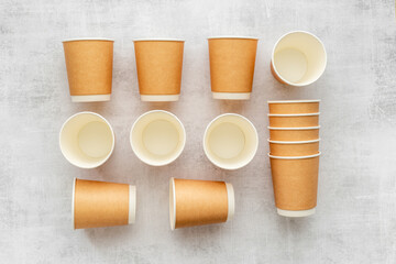 Paper cups pattern. Take away coffee or tea cups, top view