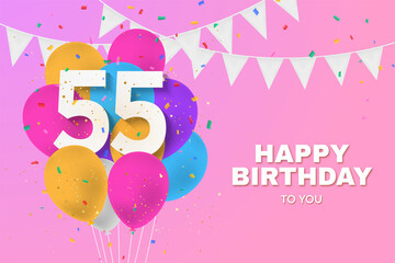 Happy 55th birthday balloons greeting card background. 55 years anniversary. 55th celebrating with confetti. Illustration stock