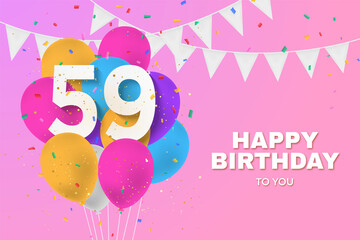 Happy 59th birthday balloons greeting card background. 59 years anniversary. 59th celebrating with...
