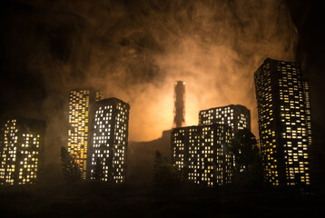Creative artwork decoration. Chernobyl nuclear power plant at night. Layout of abandoned Chernobyl...