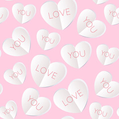 Seamless pattern with paper cut hearts and text love you. Valentines day design, vector	
