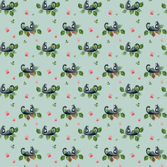 Watercolor pattern with adorable black cats on green leaves with little paws for children and pet lovers