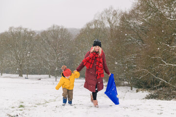 Mother and son going up on a hill pulling a sledge. Winter fun.