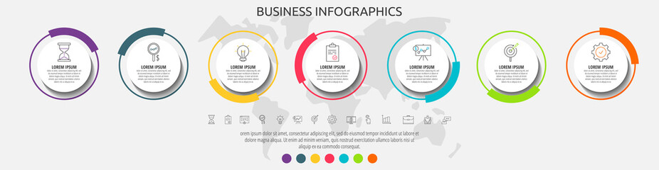 Modern and simple flat vector circles infographic with 7 steps, icons. Timeline for diagram, chart, web, banner, workflow layout, presentations, flowchart, info graph, levels, chart