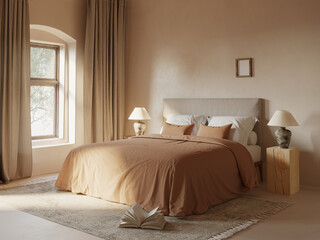 3d rendering of a beige atmospheric Mediterranean simple cozy relaxing elegant style bedroom with earthy tones and a bright window	
