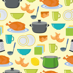 Dishes and cutlery. Kitchen utensils. Food and drinks. Kitchen textiles. Seamless background. Vector illustration