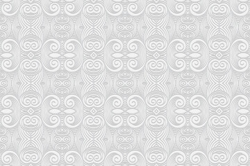 Fototapeta premium Geometric volumetric convex white background. Ethnic African, Mexican, Indian motives. 3D relief pattern in doodling style of curly curls. Delicate ornament.