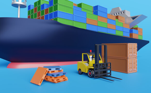 Cargo ship and stick man forklift driver with pallet for import export and goods ,logistic import export concept ,3d illustration or 3d rendering