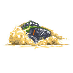 Green offroad car driving through obstacles in the desert with sand and dust. © slava