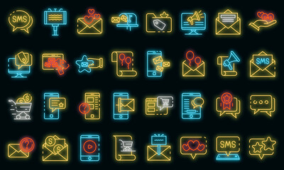 Sms marketing icons set. Outline set of sms marketing vector icons neon color on black
