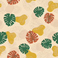 Tropical Palm leaves, trendy background. Monstera leaf, seamless pattern. Floral abstract design. Bright botanical Vector Illustration. Summer design. Great for fabric, textile, wallpaper, cover.