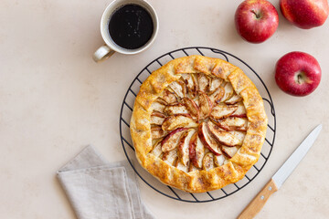 Apple open pie or galette. Baking. Vegetarian food.