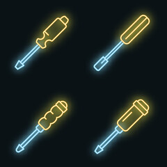 Screwdriver icons set. Outline set of screwdriver vector icons neon color on black