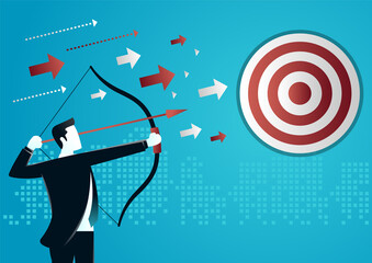 vector illustration of a businessman aiming an arrow to target board. describe target business. business concept illustration