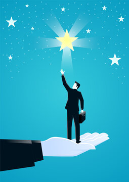 vector illustration of giant hand helping a businessman reach out for the stars. describe reach successful in business. business concept illustration