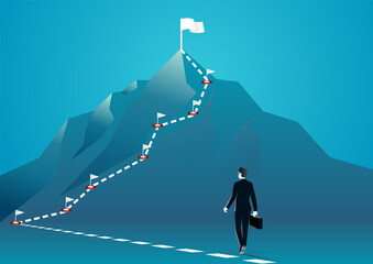 vector illustration of a businessman walking at the top of mountain with white path graphic. describe succession of business. business concept illustration