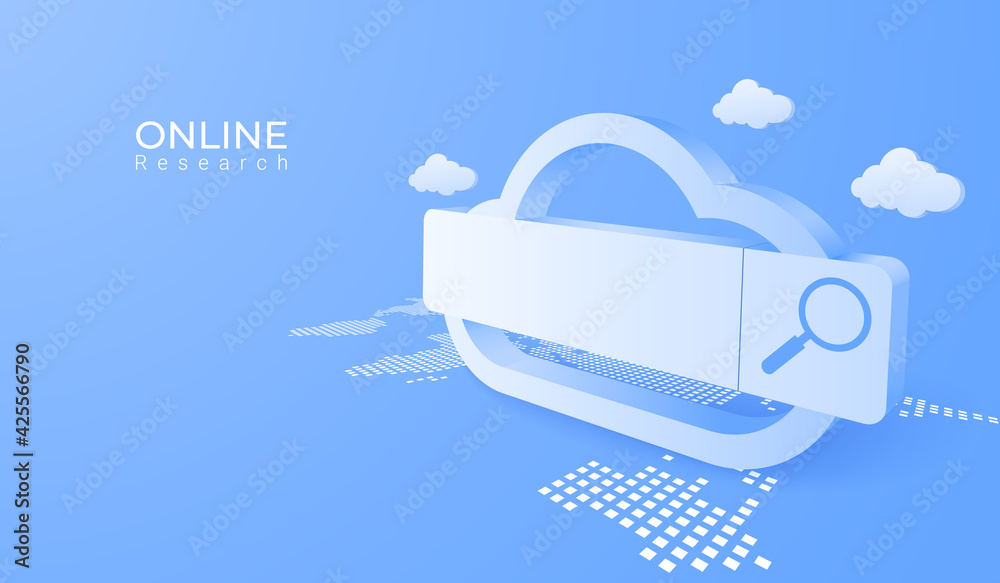 Poster 3d digital cloud computing technology background. online searching service with magnifier. vector ar