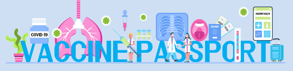 Health passport concept vector foe web, header. Vaccine, immunity passport app. Doctors wearing medical masks, disinfectant gloves washing hands. Travel rules in COVID-19 pandemic.