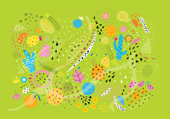 Fototapeta na wymiar Abstract collection of modern shapes and elements for cooking food design, fun and colorful collage of cooking spicing and ingredients including spring onion and cactus. Vector design.