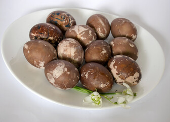 Easter eggs on a plate, European Easter with traditional decoration eggs, easter eggs decorated with natural fresh leaves and boiled in onions peels and blueberry berries