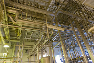 Technological equipment, industrial tools and machinery for the production of beer in Moscow Brewing Company plant. Mytishchi, Russia