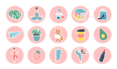 Vector flat illustration - healthy lifestyle icon set. Big collection of hand-drawn vector stickers about fitness and healthy living. Different icons with girls doing yoga, plants, cosmetics