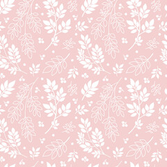 White tree branches on pink background. Abstract Plants, silhouette and outline Twigs with Leaves. Floral seamless pattern, vector texture for fashion textile print, scrapbooking, wrapping, gift paper