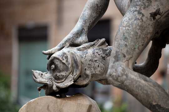Detail of the Fountain of the Turtles in Piazza Mattei in central Rome, showing an ephebe resting their foot on a dolphin.