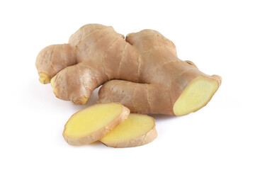 Fresh ginger root and sliced isolated on white background,clipping path.