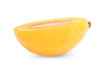 Fototapeta na wymiar Sweet yellow marian plum cut in half isolated on white background.