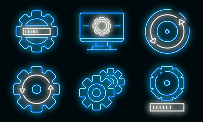 System update icons set. Outline set of system update vector icons neon color on black