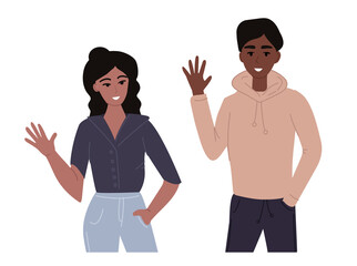 Fashionable black girl with curly hair and a guy waving hand. Young fashionable woman in shirt and trousers. Guy in hoodie and trousers. Flat cartoon vector illustration.