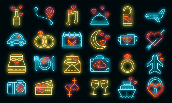 Honeymoon icons set. Outline set of honeymoon vector icons neon color on black
