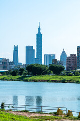 Fototapeta na wymiar Taipei, Taiwan - Oct 4, 2020: skyline of the taipei city by the river with taipei 101 tower