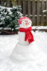 A snowman stands in a snowy backyard.
