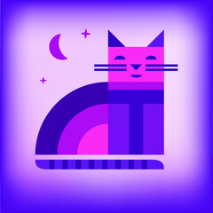 Cute cat on the background of the night sky. Vector drawing.