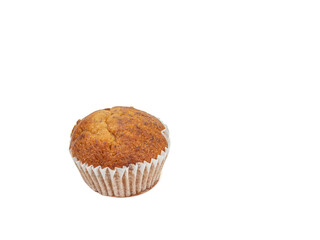 Banana cup cake, a close up of tasty homemade small brown cupcake bakery isolated on white background.