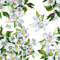 Seamless pattern of daisies and lilies