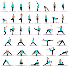 Collage of yoga poses on white
