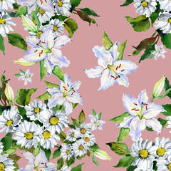 Seamless pattern of daisies and lilies
