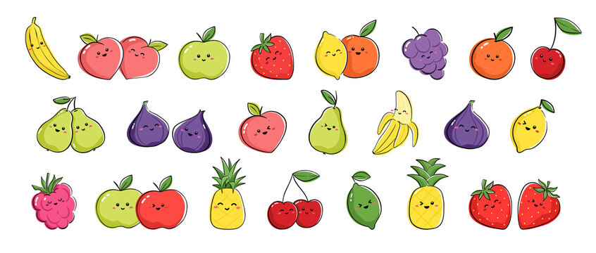 Collection of fruits expressing positive emotions. Vector set of drawings with cute fruits and berries in kawaii style.