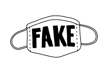 Fake face mask doodle, a hand drawn vector doodle of a counterfeit surgeon mask with the word FAKE written on it, isolated on white background.
