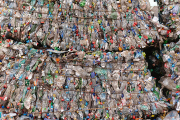 Bales of plastic bottles after the press. Sorting garbage plant in the Moscow region.